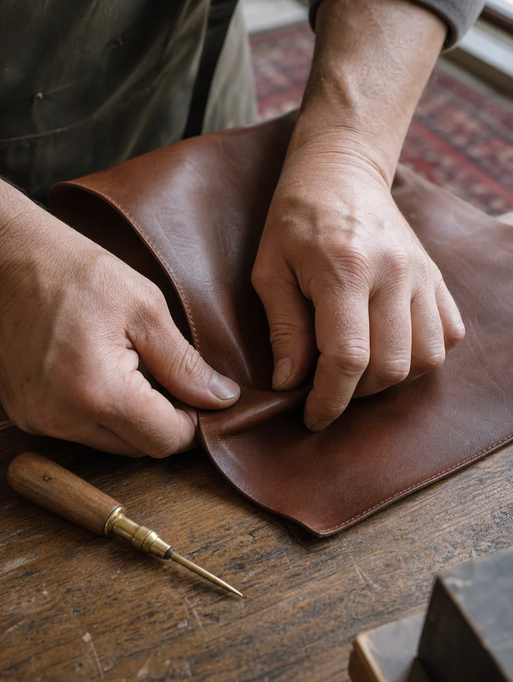 Close up of a leather artisan's hands working in a Florentine studio