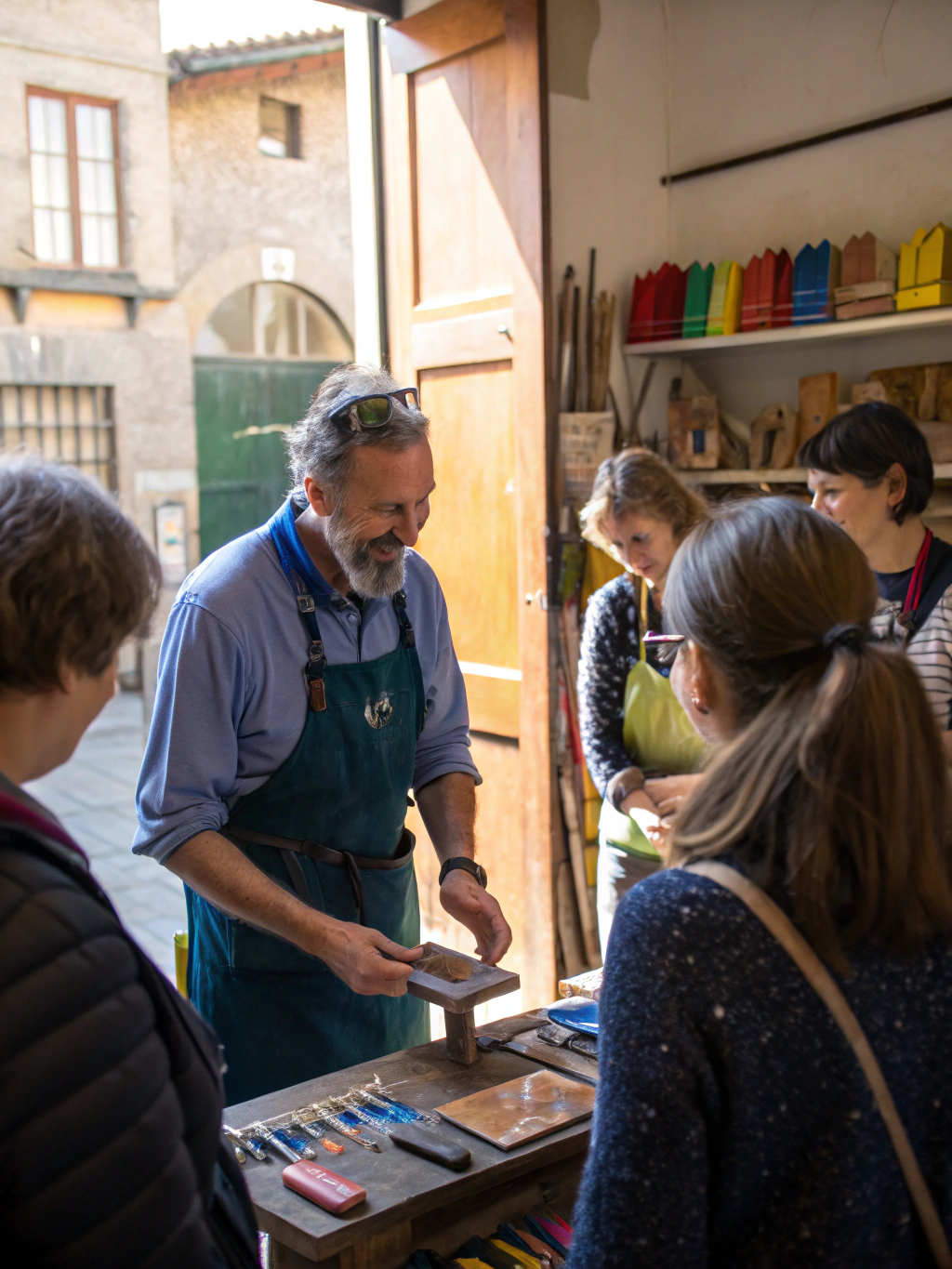 A private guide showing a traveler the intricate details of a leather-bound book in a historic Florentine workshop