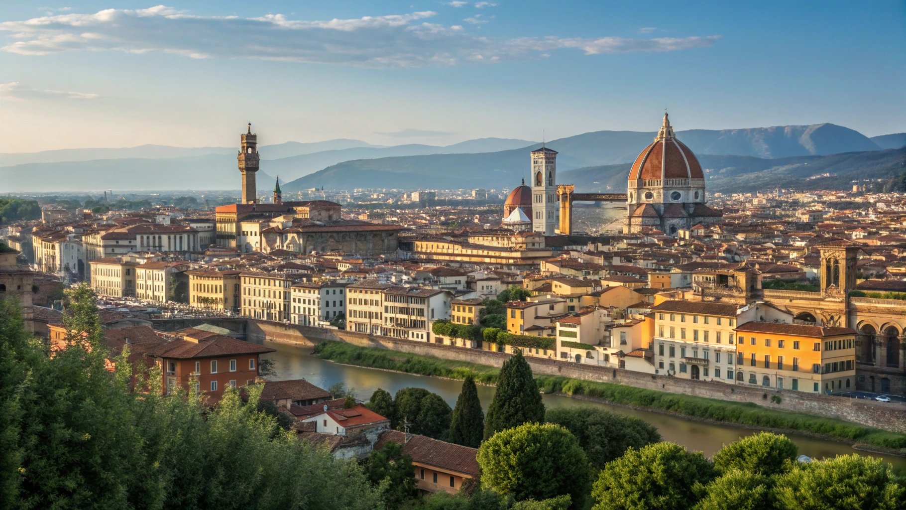The iconic skyline of Florence bathed in golden light