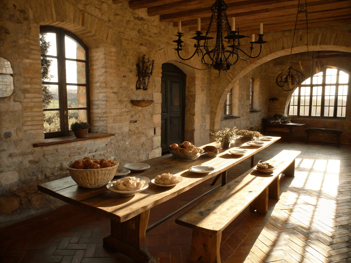 Elegant table setting in a historic Tuscan dining room