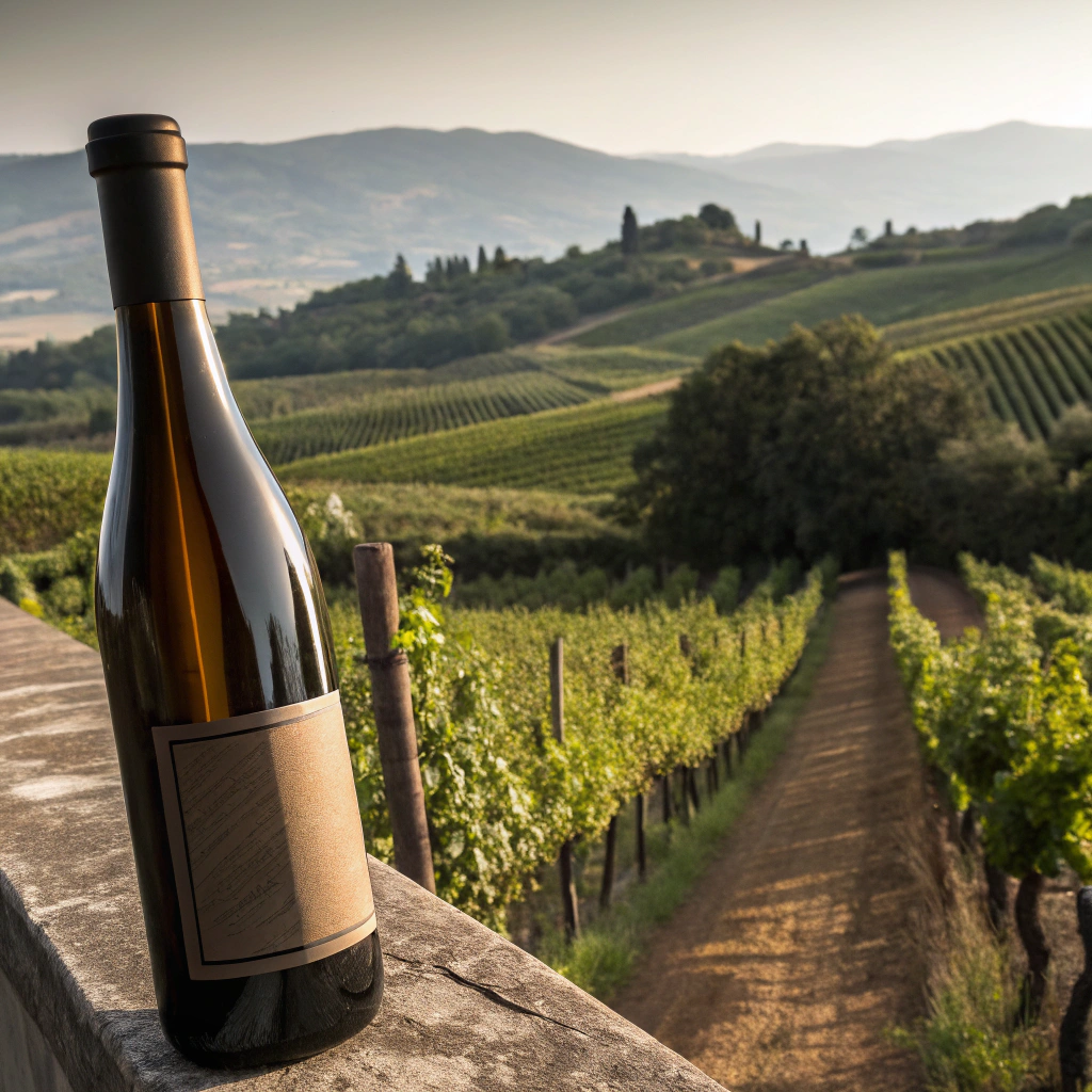 Bottle of wine with vineyard background
